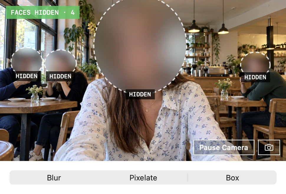 The [REDACTED] Camera app with all four faces in the café blurred and marked Hidden.