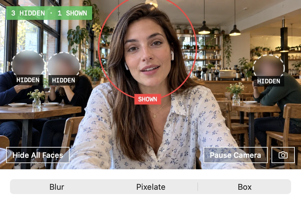 The same video after one click: the woman's face is shown and the three faces behind her stay blurred.